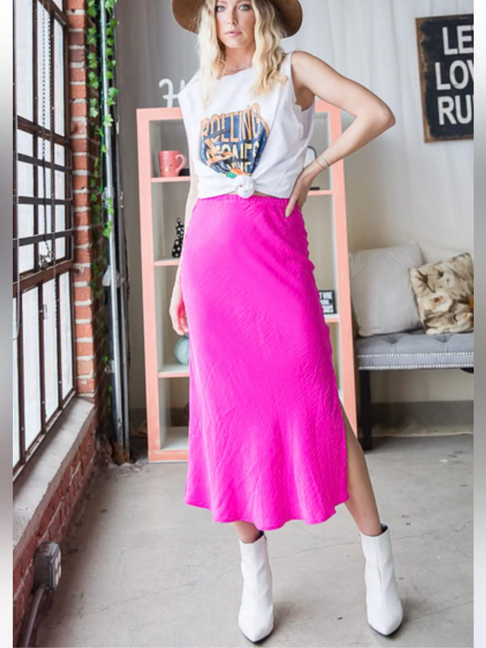 NWT Bucket List Bright Pink Midi Slip Skirt